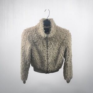 TCEC Womens Faux Fur Shaggy Bomber Jacket Tan Beige Cropped Zip Up Small